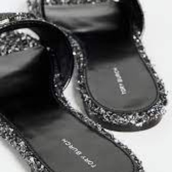 NIB$425 TORY BURCH Eleanor Pavé Double T Slide Silver Confetti/Perfect Black 9.5 - Picture 3 of 14